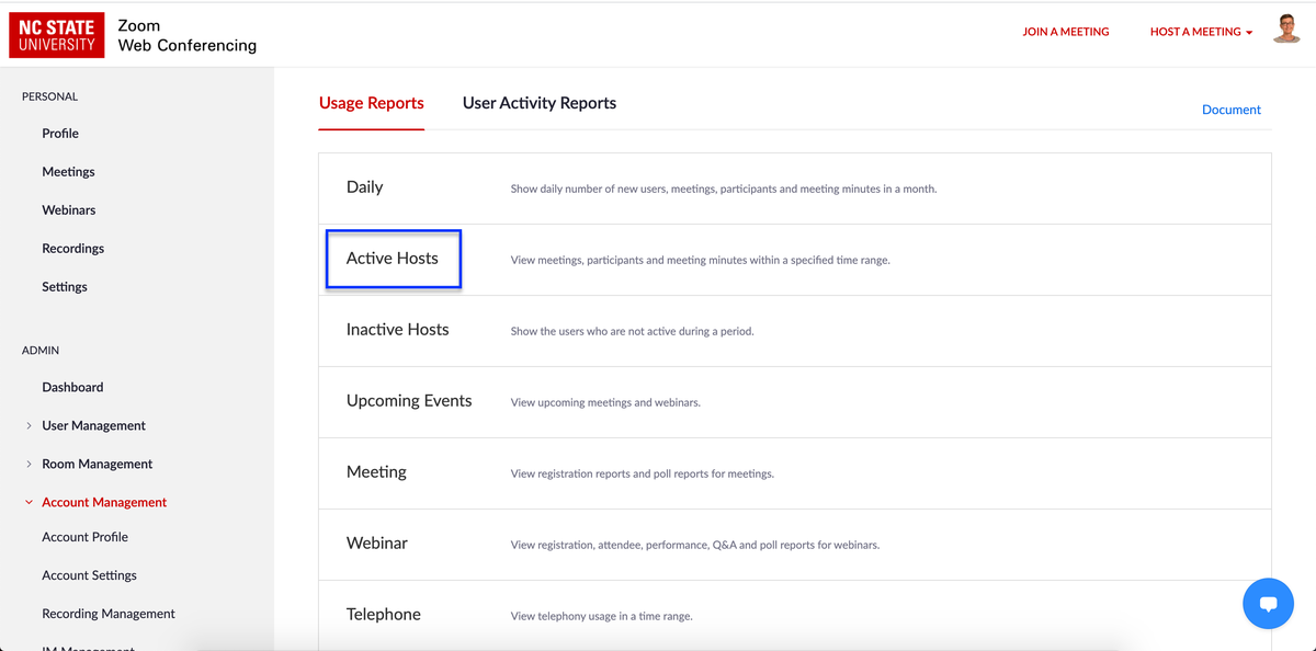 Zoom active hosts report menu item
