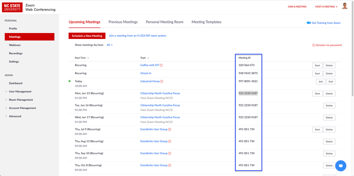 Locate the Zoom meeting ID column