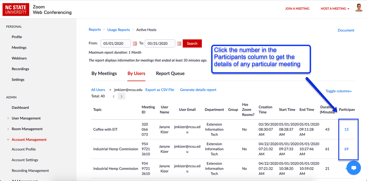 Click he number in the Participants column