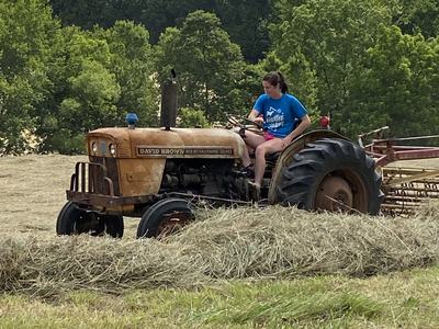 Cara Smith raking hay