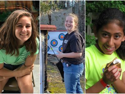 Five youths at state fair activities: show sheep, seated girl, archer, girl eating s'more, youth with cow