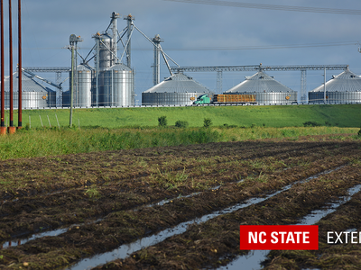 wet fields near grain silo