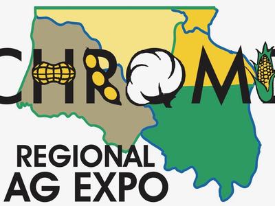 Map with stylized CHROME using peanut, soybeans, cotton, corn icons and text REGIONAL AG EXPO