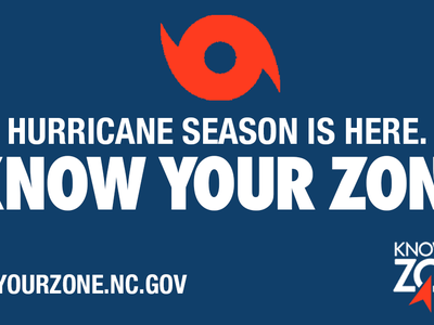Hurricane preparedness sign with text Hurricane Season is Here, Know Your Zone