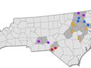 NC map with sample-date dots; legend 1-Jul red, 3-Jul orange, 7-Jul blue, 8-Jul purple