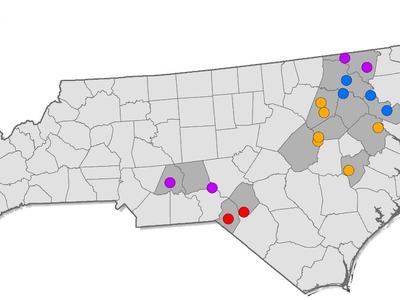NC map with sample-date dots; legend 1-Jul red, 3-Jul orange, 7-Jul blue, 8-Jul purple