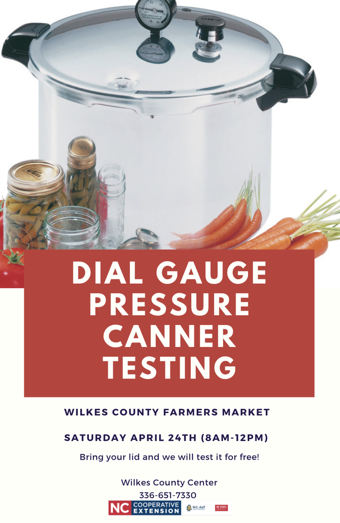 Pressure canner with jars and vegetables; text: "DIAL GAUGE PRESSURE CANNER TESTING"