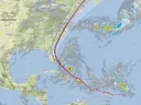Hurricane track and forecast paths from eastern Caribbean, across Cuba, toward US East Coast