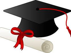 Black mortarboard with red tassel and rolled diploma tied with red ribbon.