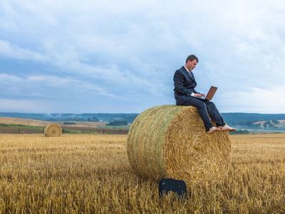 Man in suit sitting on hay bale in harvested field using laptop