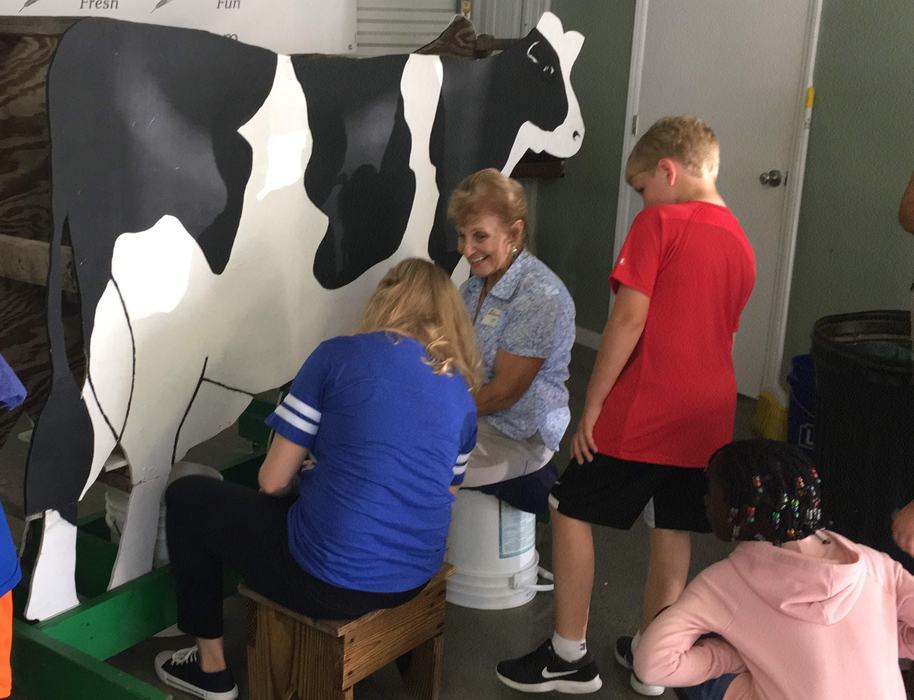 woman milks plywood cow model