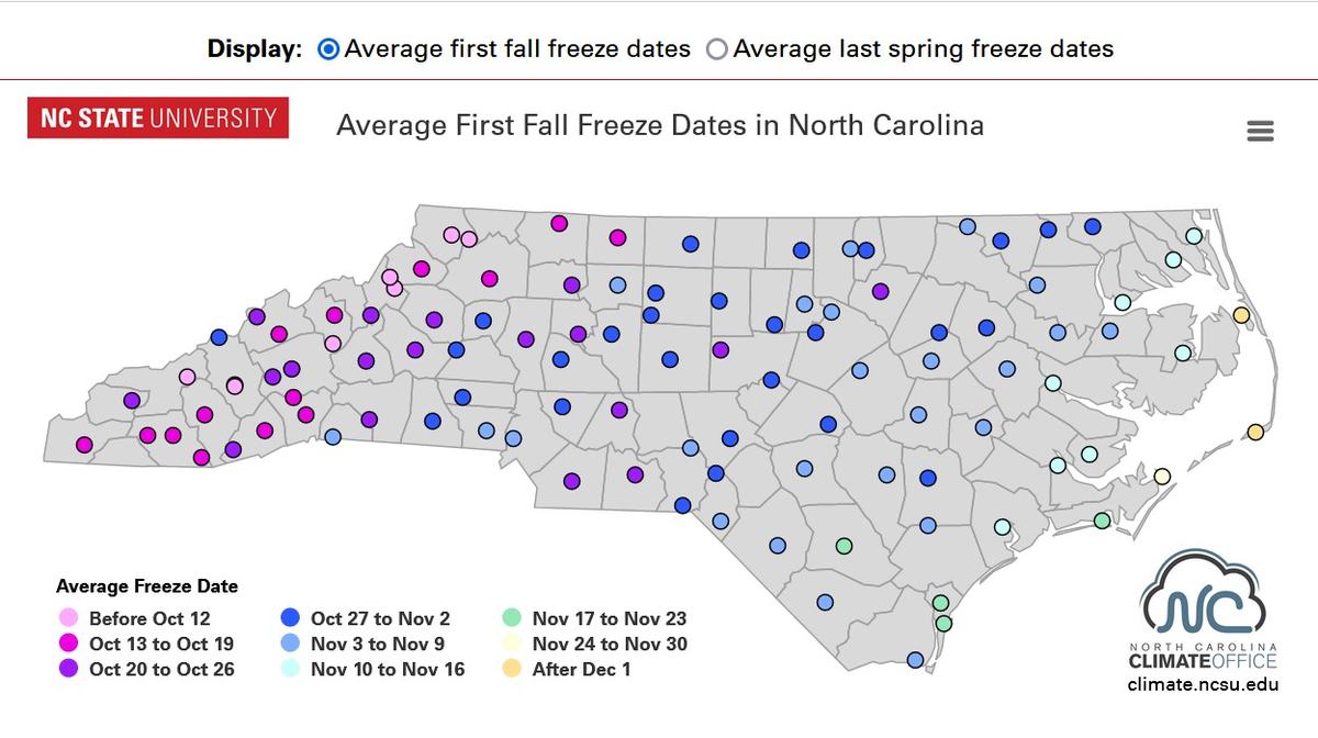 Interactive map for first and last freeze dates