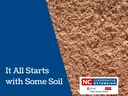 Cracked soil next to blue panel reading "It All Starts with Some Soil" and NC Extension logo