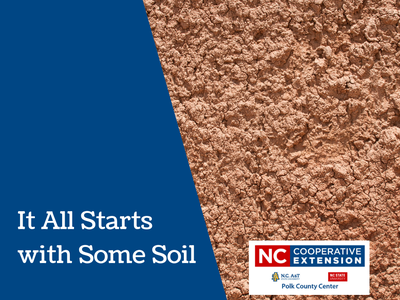 Cracked soil next to blue panel reading "It All Starts with Some Soil" and NC Extension logo