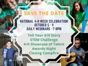 Save the Date: National 4‑H Week Oct 5–9. Webinars 7–8PM. Events: Story, STEM, Talent, Awards, Campfire