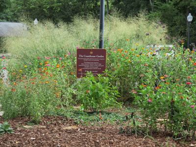 Garden bed with wildflowers and sign reading "The Courthouse Garden"