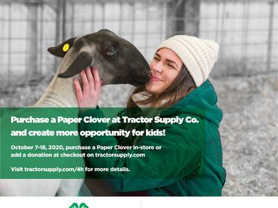 Woman cuddling a sheep; text: "Purchase a Paper Clover at Tractor Supply Co."