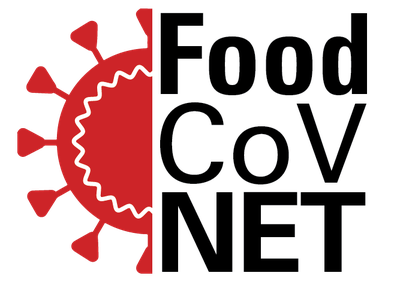 Red half-virus graphic left with the text "Food CoV NET" to the right