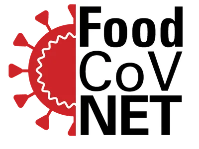 Red half-virus graphic left with the text "Food CoV NET" to the right