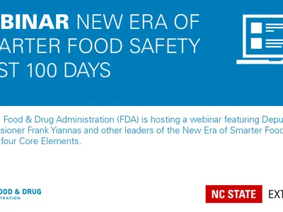 Blue banner with device icon and text Webinar: New Era of Smarter Food Safety First 100 Days