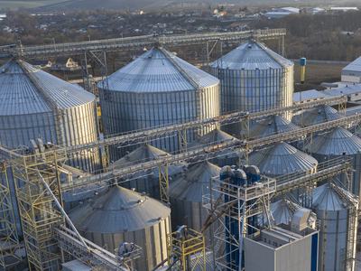 aerial view of a large feed mill