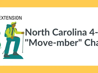 NC State Extension logo, 4-H clover and hiker beside text "North Carolina 4-H 'Move-mber' Challenge"