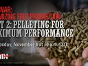 Webinar announcement with text Webinar: Optimizing Feed Production Part 2: Pelleting for Maximum Performance