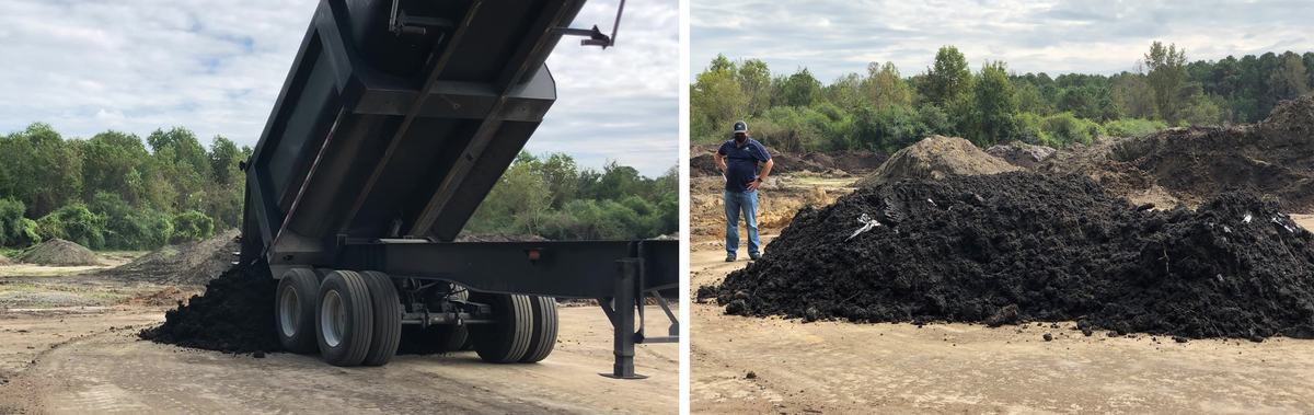 Swine lagoon sludge unloading at site (left), and sludge pile (right)