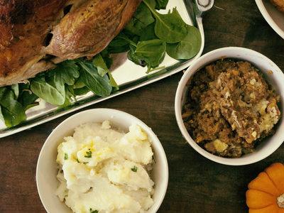 Turkey, stuffing, and mashed potatoes