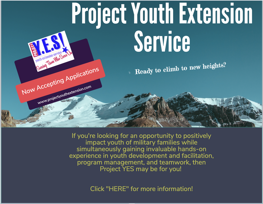 Project Youth Extension Service poster: "Now Accepting Applications" over snowy mountain background