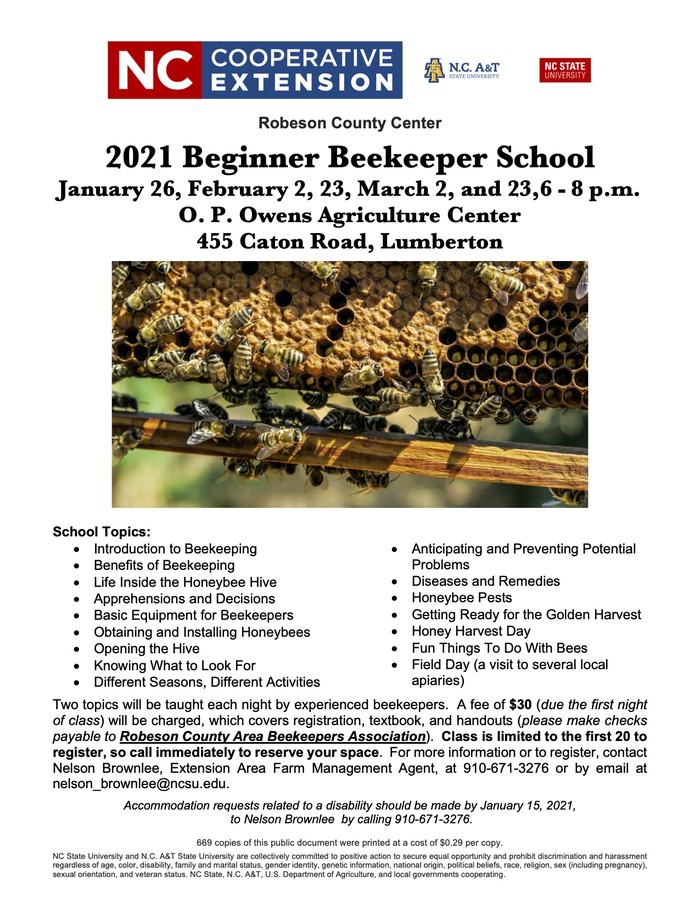 2021 Beginner Beekeeper School — Jan 26; Feb 2,23; Mar 2,23; 455 Caton Rd Lumberton; bees on comb