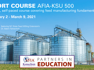 A feedmill with overlay text Short Course AFIA-KSU 500