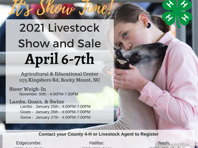 Girl in pink jacket hugs a sheep; text: "2021 Livestock Show and Sale April 6-7"
