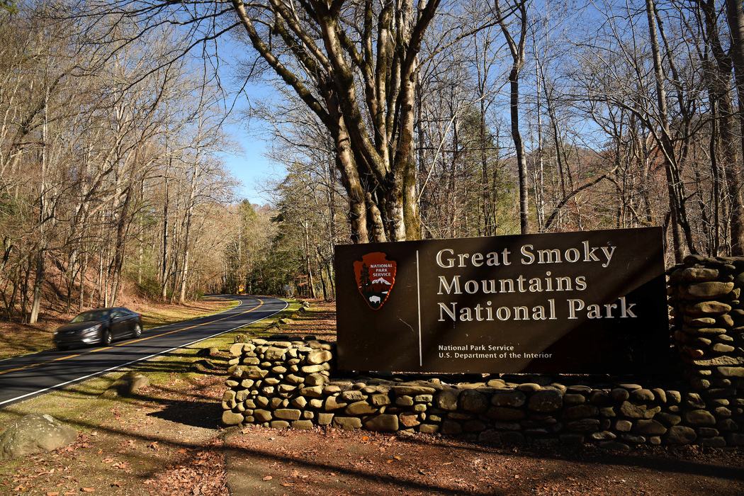 An entrance sign to Great Smoky Mountains National Park.