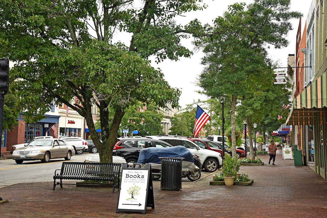 Tree-lined Broad Street in Edenton.