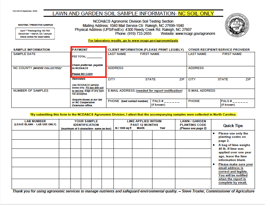 Soil Sample Form (Homeowners)