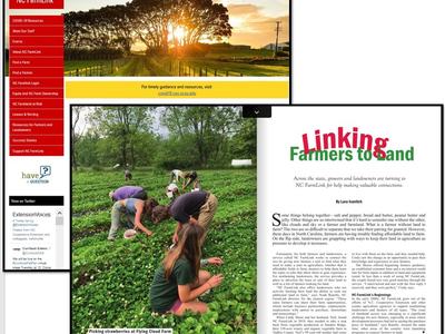 NC FarmLink page: people picking strawberries at Flying Cloud Farm; headline "Linking Farmers to Land"