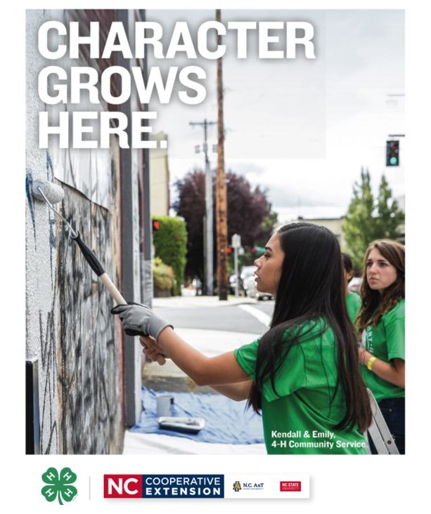 Teen painting a wall mural in green shirt; text reads "CHARACTER GROWS HERE."