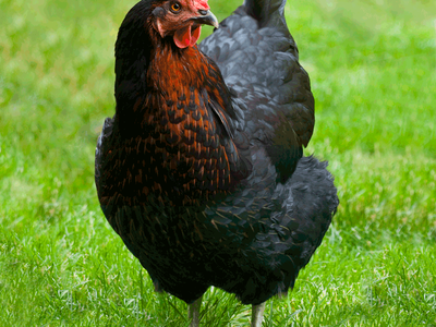 Black-and-red hen standing on green grass