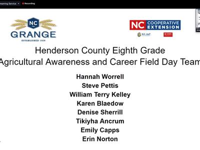 Henderson County 8th Grade Agricultural Awareness and Career Field Day Team; names listed