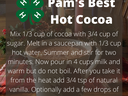 Pam's Best Hot Cocoa recipe card over a mug with lit candles in background