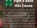 Pam's Best Hot Cocoa recipe card over a mug with lit candles in background