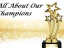 Gold star trophy on glitter background with text "All About Our Champions"