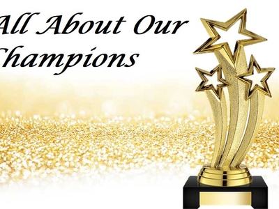 Gold star trophy on glitter background with text "All About Our Champions"