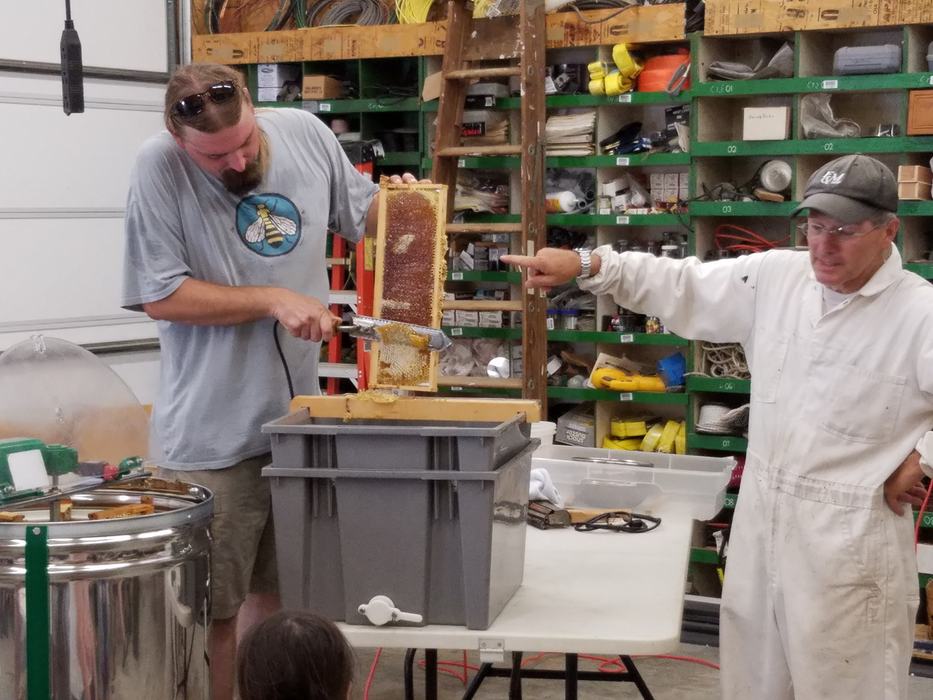 two men holding a frame from a beehive filled with beeswax
