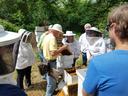 people in beekeeping suits with bee boxes