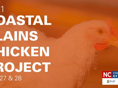 Orange over a broiler chicken with white text 2021 Coastal Plains Chicken Project April 27 & 28 and the N.C. Cooperative Extension logo