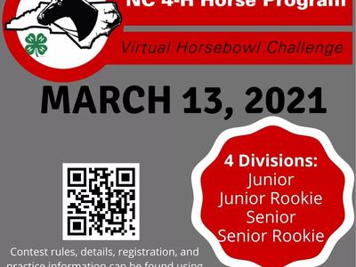 NC 4-H Virtual Horsebowl Challenge Mar 13, 2021; divisions: Junior, Jr Rookie, Senior, Sr Rookie