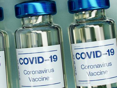 Vials of a COVID-19 vaccine are arranged side by side in a row.
