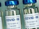 Vials of a COVID-19 vaccine are arranged side by side in a row.